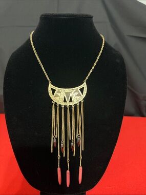 Gold-Tone Fringe Necklace with Pink Accents